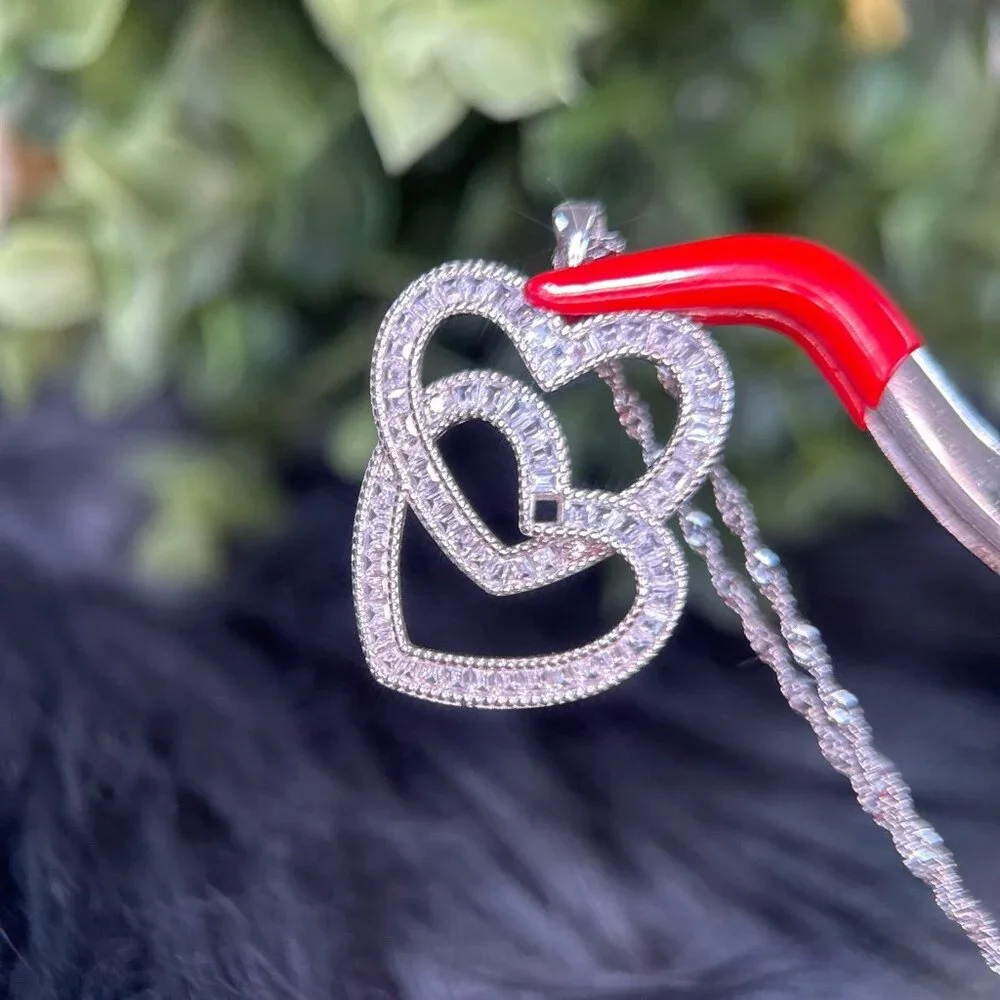 Silver 925 Double Heart Baguette Cz Necklace
